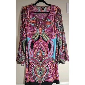 MSK Women's Paisley Dress Sheer Bell Sleeves-Small-pink Blue‎ Black